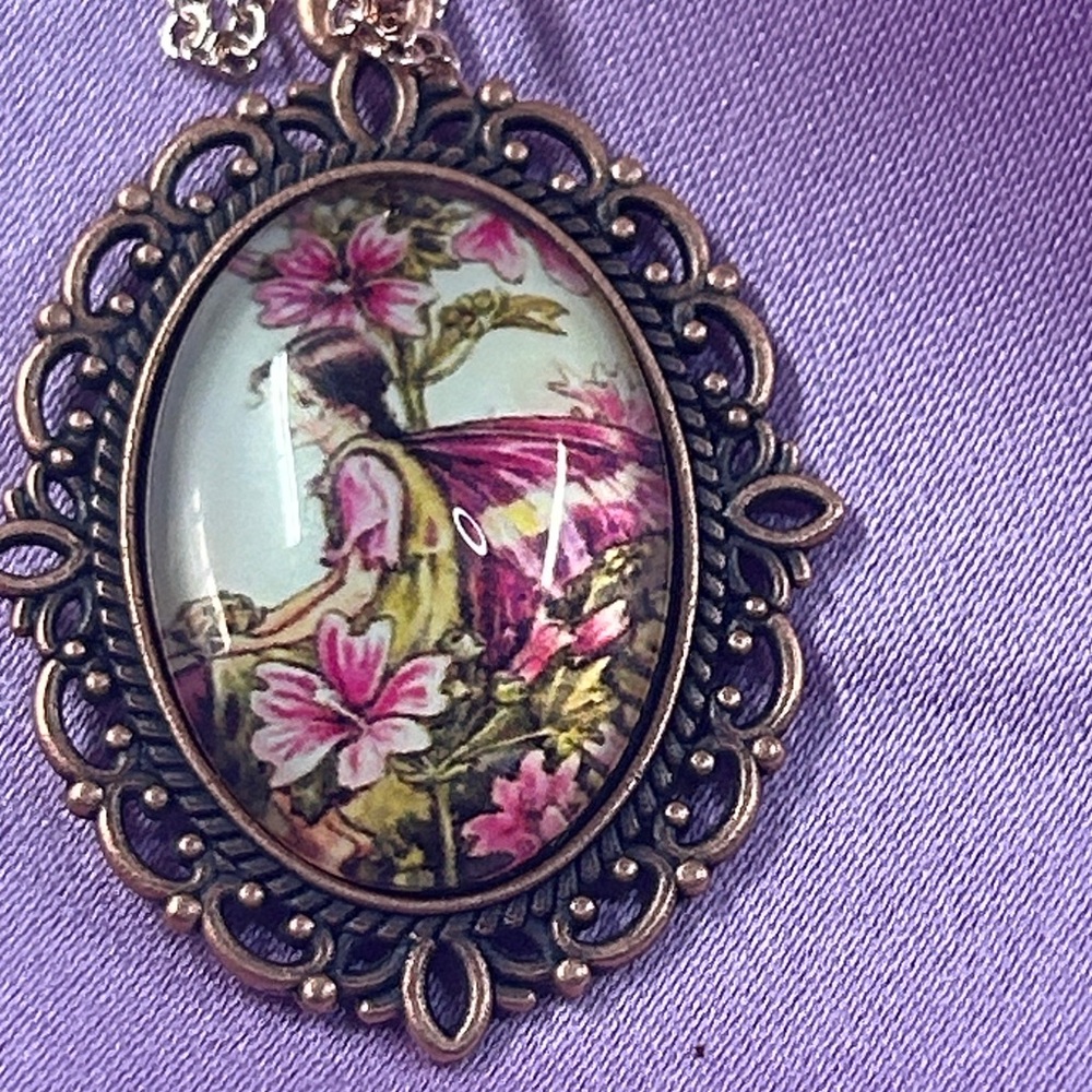 Vintage-Style Pink Floral Fairy Pendant Necklace 1.5” x 1” pendant